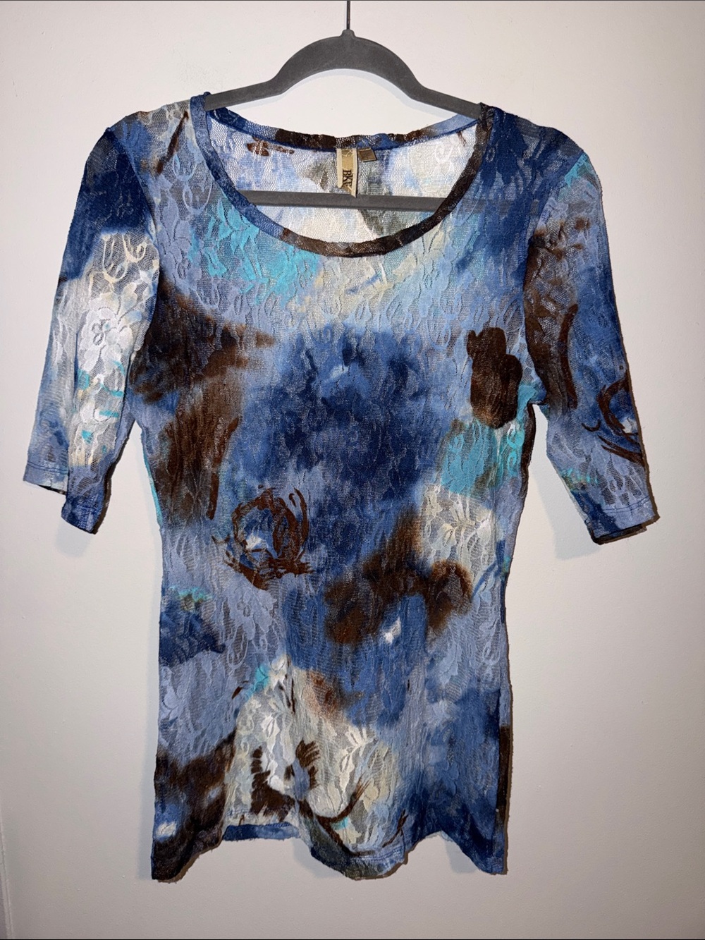BKE Blue and Brown Tie-Dye Lace-Textured Short Sleeve Top